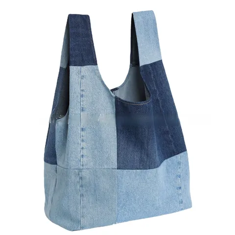 Borsa Tote in Denim Patchwork a Grande Capacità per Donna Borsa a Tracolla Blu Retrò a Contrasto Colore Hobo Bag Pendolare Elegante
