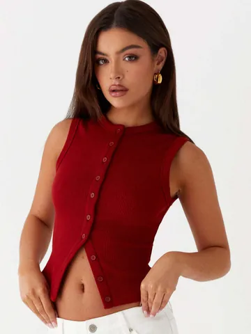 Dames Y2K Geribbelde Tanktop Met Knoppen Sexy Slim Fit Katoen Ronde Hals Mouwloos Vest Top Voor Zomer Casual Straatstijl