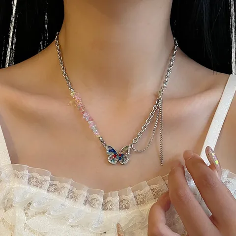 Collana A Farfalla In Acciaio Al Titanio Con Strass Intarsiati Catena Clavicola Personalità Dopamina Gioielli Di Nicchia
