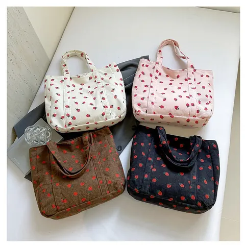 Bolso Tote Cuadrado De Cremallera De Estilo Clásico Básico De Fresa De Color Sólido De Pana Grande Para Mujeres