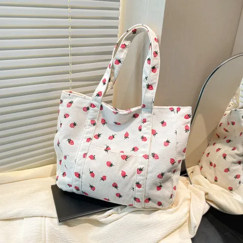 Bolso Tote Cuadrado De Cremallera De Estilo Clásico Básico De Fresa De Color Sólido De Pana Grande Para Mujeres