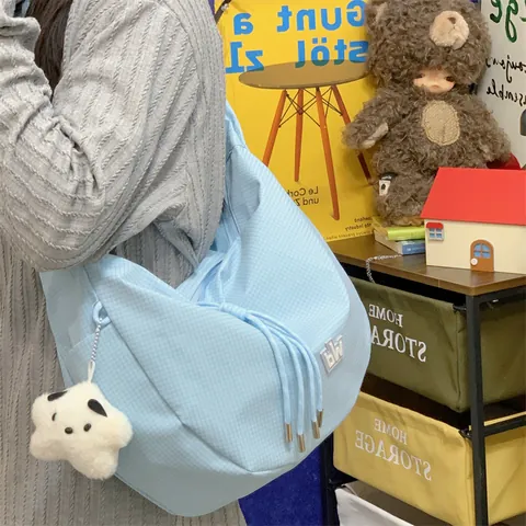 Sac Fourre-tout Grande Capacité Style Coréen pour Femmes Polyester Motif Quadrillage Sac à Bandoulière Décontracté Mode