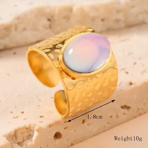 Anillo Abierto de Acero Inoxidable Vintage para Mujer Chapado en Oro Martillado Ovalado Piedra Natural Ajustable Joyería