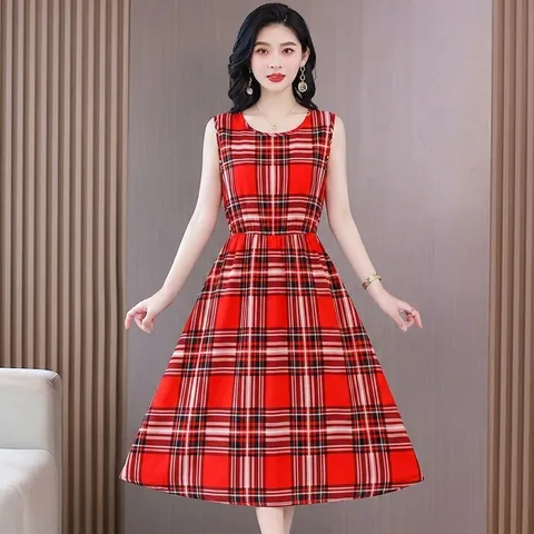 Robe Midi sans Manches Femme Polyester Imprimé Floral Carreaux Pois Col Rond Taille Haute Amincissante Été Décontractée