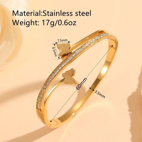 European American Stainless Steel Gold Plated Butterfly Bangle For Women Double Layer Rhinestone Animal Cuff Bracelet Jewelry