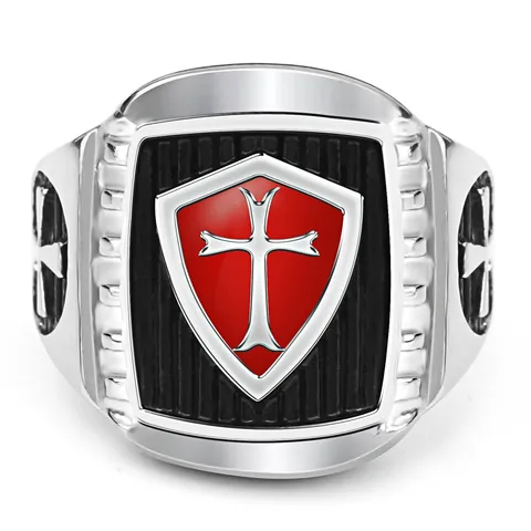 Vintage Kruisvaardersschild Heren Roestvrij Stalen Ring Rode Emaille Druppelolie Kruis Ridder Punk Band Ring Sieraden