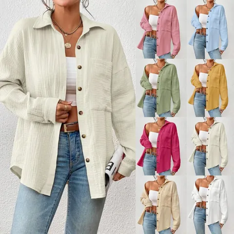 Damen Casual Baumwolle Bluse Langarm Drop Shoulder Fledermaus Hemd Mit Tasche Button Down Texturiert Einfarbig Locker Top