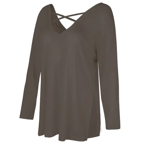 Damen Loose Atmungsaktive Yoga Top Langarm Rückenfrei Überkreuzte Riemen Pilates Laufen Sport T-Shirt Überwurf