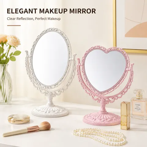 European Retro Baroque Style Desktop Makeup Mirror Heart Oval Swivel Carved Relief Plastic Frame Glass Vanity Bedroom