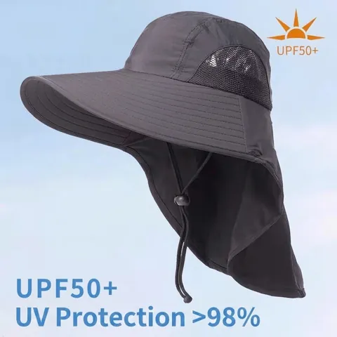 Herren UPF50+ Outdoor Sonnenhut Mit Nackenschutz Breite Krempe Atmungsaktives Mesh Angelhut Verstellbar Wasserdicht Wandern Hut