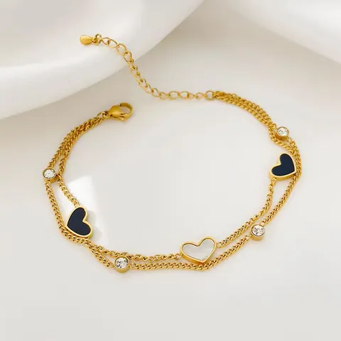 18K Gold Plated Titanium Steel Double Layer Anklet For Women Butterfly Heart Pendant Rhinestone Adjustable Foot Jewelry