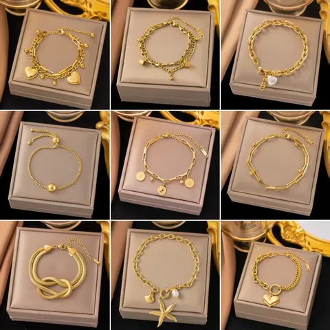 Bracciale Con Ciondolo A Cuore Di Moda In Acciaio Inossidabile Placcato Oro 18K Stella Perla Artificial Gioielli Donne Regolabile