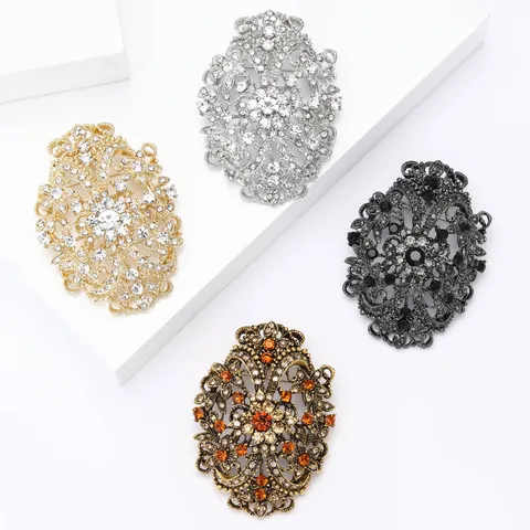 Vintage Alloy Rhinestone Hollow Flower Brooch For Women Elegant Oval Filigree Pin Brooches Accessories For Suit Dress Gift