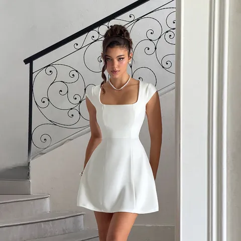Square Neck Mini Dress Polyester Spandex High Waist Cap Sleeve A-Line Elegant Party Cocktail Slim Fit Summer Women