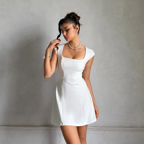 Vestito Mini Con Scollo Quadrato Poliestere Elastan Vita Alta Maniche Corte Linea A Elegante Festa Cocktail Estate Donne