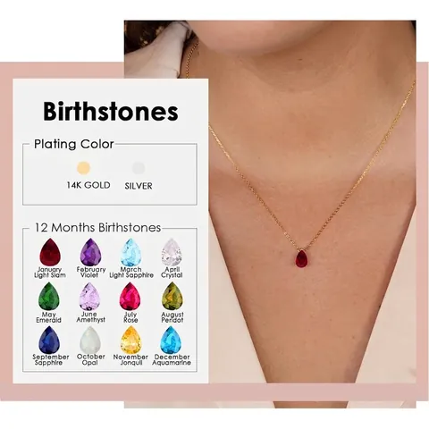 Collier Pendentif Goutte d'Eau Pierre de Naissance pour Femme en Acier Inoxydable Plaqué Or 14K Bijoux Colliers Cadeau