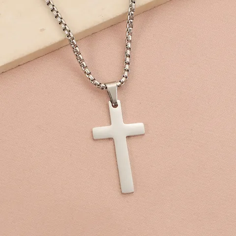 Collana A Croce In Acciaio Inossidabile Lucido Con Catena Di Perle Quadrate Pendente A Croce Versatile E Alla Moda In Acciaio Al Titanio