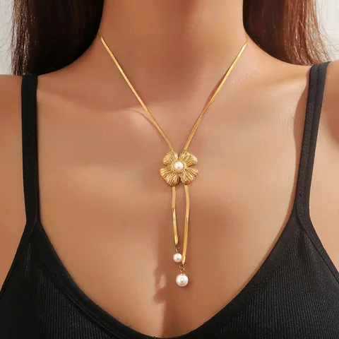 Vintage Titanstahl Blumen Quaste Halskette Mit Künstlicher Perle Gold Vergoldete Schlangenknochenkette Damen Schmuck