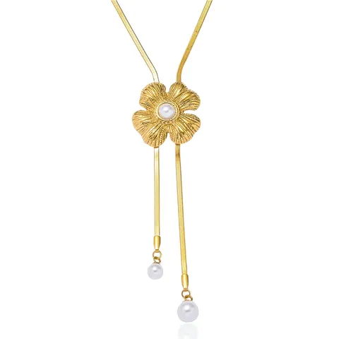 Collar de Borla de Flor de Acero de Titanio Vintage Con Perla Artificial Cadena de Hueso de Serpiente Chapado en Oro Joyería