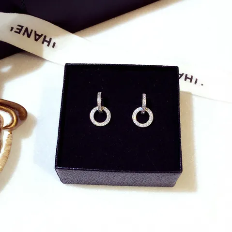 Rhinestone Double Interlocking Ring Stud Earrings With 925 Sterling Silver Post Fashion Copper Earrings For Women