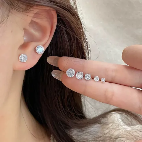 925 Sterling Silver Zircon Round Ear Studs