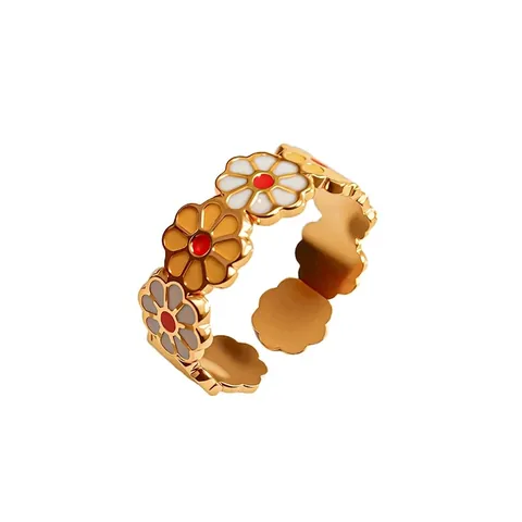 Mode Acier Inoxydable Coloré Huile d'Égouttement Fleur Bague Ouverte pour Femme Design de Niche Luxe Marguerite Cœur Feuille Réglable Bijoux
