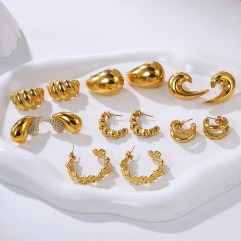 Orecchini a Cerchio in Acciaio Inossidabile Minimalisti in Stile Francese per Donna Placcati in Oro a Forma di C Strass