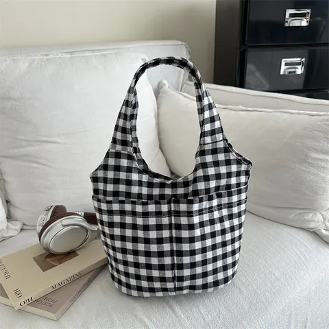 Damen Große Kapazität Gingham Segeltuch Tragetasche Koreanischer Stil Minimalistisch Nylon Handtasche Mit Fronttaschen