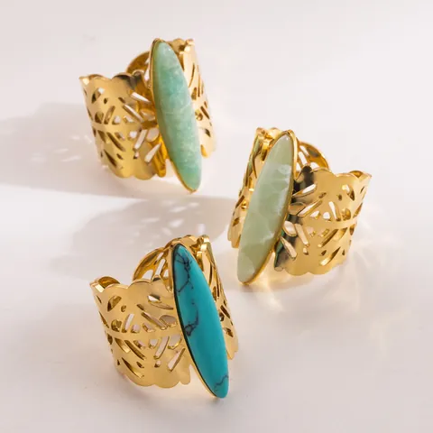 Anello Aperto in Acciaio Inossidabile con Pietra Naturale Vintage Francese per Donna Placcato Oro Largo Regolabile Gioielli da Dito