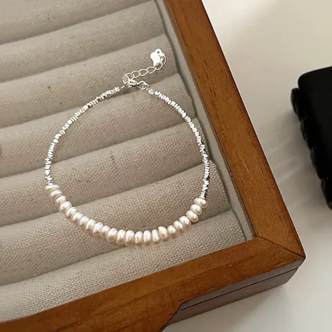 Pulsera de Plata de Ley 925 con Perla Artificial para Mujer Elegante Moderna Piezas de Plata Pulsera Ajustable Joyería