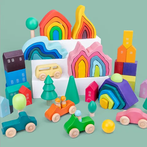 Blocchi da Costruzione Arcobaleno in Legno Giocattolo Albero della Foresta Montessori Gioco Educativo Decorazione Bambini