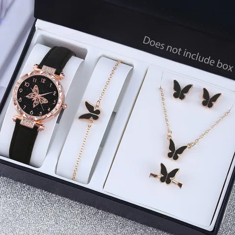 Collection de Montre à Quartz Papillon Collier Bracelet Boucles d'Oreilles Bague pour Femme Alliage Strass Cadran Ciel Étoilé Bijoux