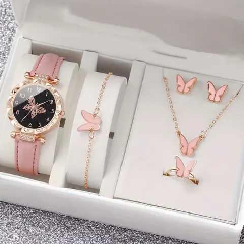 Collection de Montre à Quartz Papillon Collier Bracelet Boucles d'Oreilles Bague pour Femme Alliage Strass Cadran Ciel Étoilé Bijoux