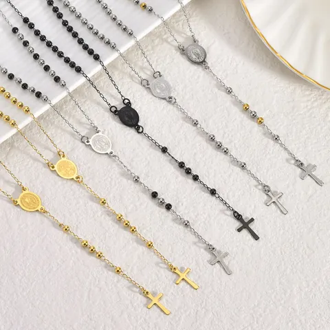 Vintage Edelstahl Rosenkranz Halskette Für Damen Herren Katholische Jungfrau Maria Heiliger Benedikt Medaille Kreuz Anhänger Kette Schmuck