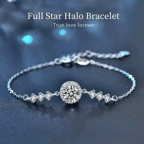 925 Argento Sterling Tondo Zirconia Bracciale per Donna Lusso Leggero Design a Stella Catena Regolabile Gioielli Regalo