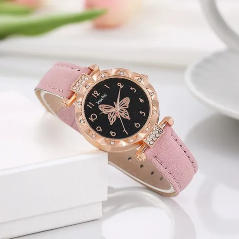 Women Quartz Watch Starry Sky Dial Butterfly Pattern Alloy Case Rhinestone Accents Faux Leather Strap Fashion Wristwatch
