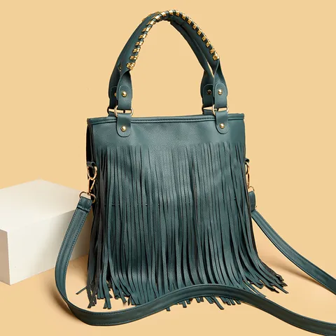 Borsa A Tracolla Quadrata Aperta Con Frange In Stile Vintage A Tinta Unita In Pelle Pu Media Per Donne