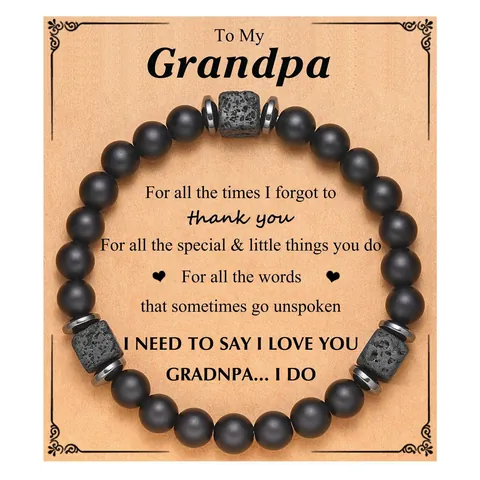 Men's Matte Black Beads Square Lava Stone Beaded Bracelet With Gift Card For Dad Husband Son Fashion Jewelry