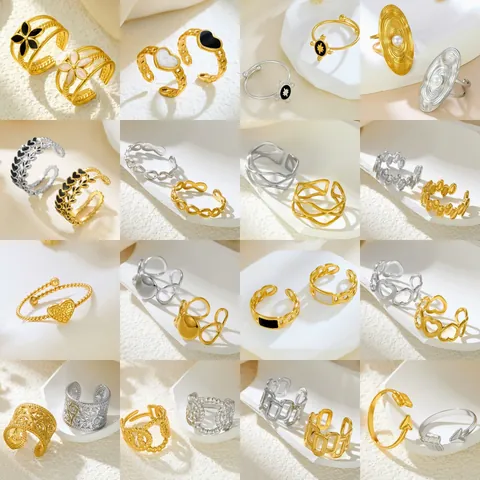 Minimalist Stainless Steel Open Ring For Women Artificial Pearl Rhinestone Heart Leaf Adjustable Fashion Finger Ring Jewelry Gift