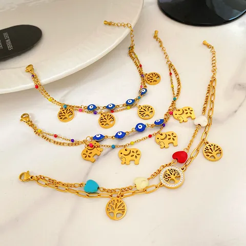 Bracciale a Doppio Strato in Acciaio al Titanio Placcato Oro 18K Bohemien per Donna Malocchio Albero della Vita Elefante Cuore Strass Bracciale Gioielli Vintage
