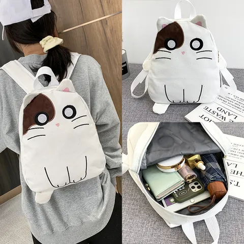 Zaino in Poliestere con Ricamo a Gatto per Donna Stile Giapponese Kawaii Cartella con Orecchie 3D per Ragazza Quotidiana