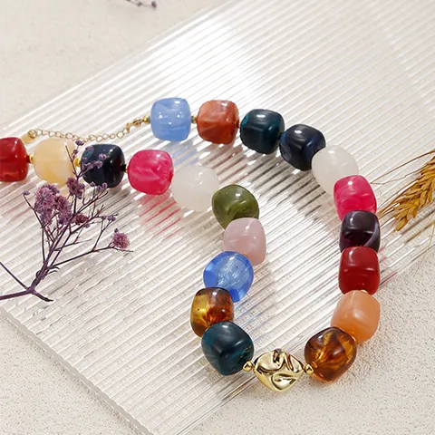 Bohemian Resin Beaded Necklace Chunky Marble Texture Square Beads Statement Necklace For Women Fashion Choker Neck Chain