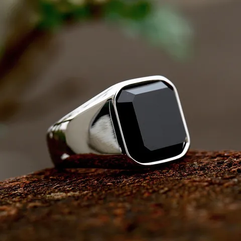 Vintage Men Square Black Agate Ring Silver Plated Alloy Punk Hip Hop Streetwear Statement Signet Ring For Men Jewelry Gift