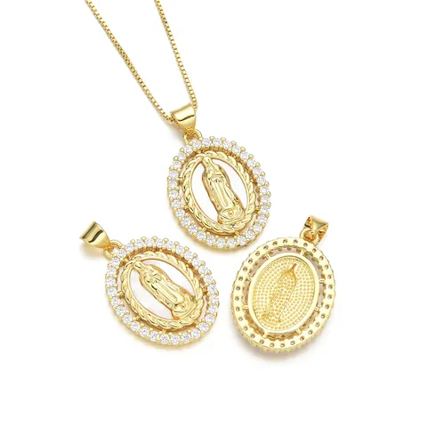 Collier Pendentif Portrait de la Vierge Marie Religieuse en Cuivre Plaqué Or Vintage Avec Incrustation de Strass et Nacre Bijoux