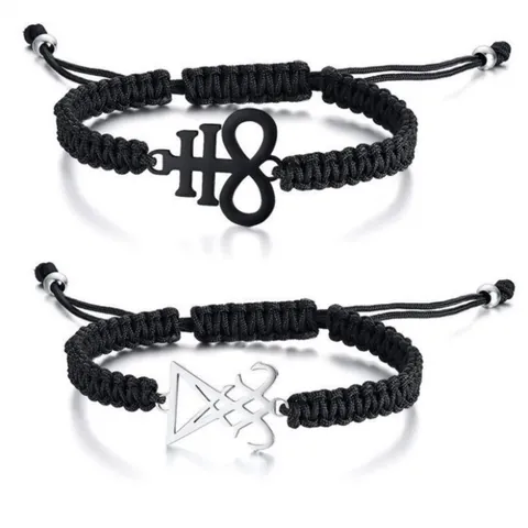 Edelstahl Leviatan-Kreuz Siegel Von Luzifer Geflochtenes Seil Armband Set Gothik Mystisches Symbol Verstellbar Unisex Schmuck