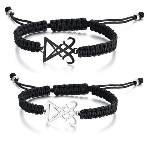 Edelstahl Leviatan-Kreuz Siegel Von Luzifer Geflochtenes Seil Armband Set Gothik Mystisches Symbol Verstellbar Unisex Schmuck