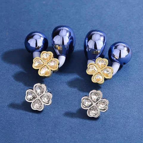 Kupfer Vierblättriges Kleeblatt Strass Bluetooth Kopfhörer Clip Ohrringe Für Damen Floral Eingelegt Ohrclip Schmuck Gold Silber