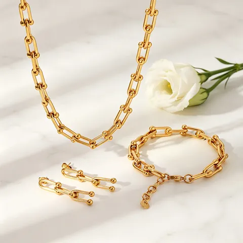 Bracelets Et Collier En Acier Inoxydable 304 Plaqué Or 18 Carats Rétro Couleur Unie Sans Incrustation