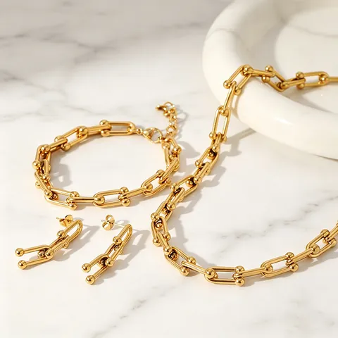 Bracelets Et Collier En Acier Inoxydable 304 Plaqué Or 18 Carats Rétro Couleur Unie Sans Incrustation