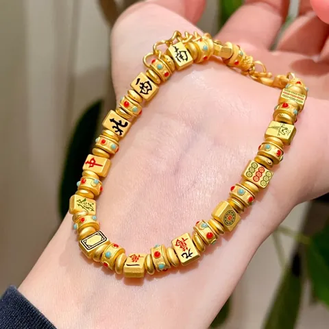 New Chinese Style Thirteen Orphans Mahjong Bracelet Gold Plated Alloy Retro Minimalist Lucky Tiles Bracelet Women Jewelry